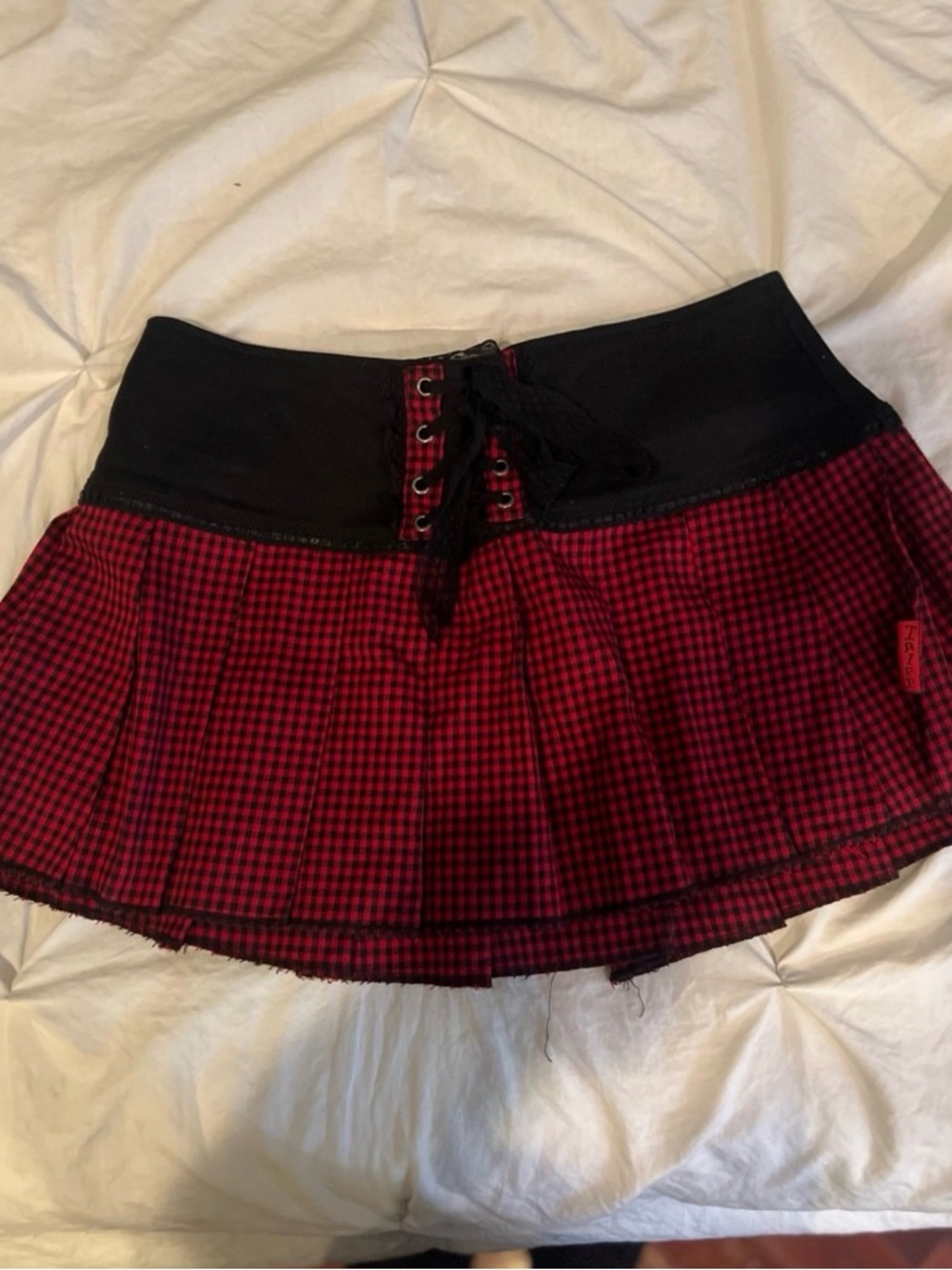 Tripp NYC Red Plaid Mini Skirt with Black Lace-Up Waist